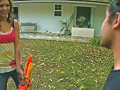 Victoria Lawson And Her Neighborhood Boyfriend Are Playing Games In Their Backyard. She Is A Brunette With Big Breasts And He Has An Impressive Penis 